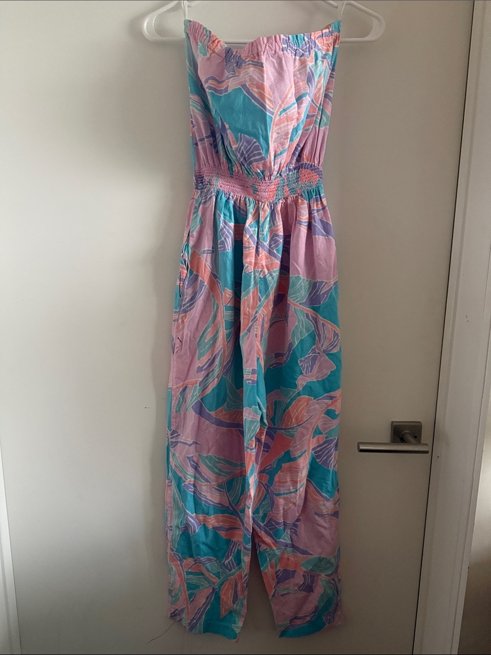 Strapless Tropical Print Jumpsuit in Teal & Pink